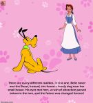 accessory apron belle_(beauty_and_the_beast) blue_clothing bow_ribbon canid canine canis clothed clothing disney domestic_dog duo english_text everfire eye_contact female female_human feral footprint hair_accessory hair_bow hair_ribbon hi_res human imminent_bestiality imminent_sex looking_at_another male mammal narration pawprint pawprint_pattern pink_background pluto_(disney) ribbons simple_background sitting stare tail text thin_tail watermark