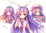 animal_ears beads blue_bow book bow brown_hair bunny_ears gap gradient_hair hat hat_ribbon hijiri_byakuren jewelry long_hair mob_cap multicolored_hair multiple_girls necklace necktie open_mouth patchouli_knowledge pjrmhm_coa prayer_beads puffy_sleeves purple_eyes purple_hair red_bow red_eyes red_neckwear reisen_udongein_inaba ribbon shirt short_sleeves simple_background smile touhou white_background 