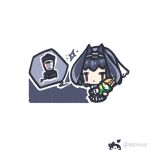  1girl :< black_hair blush_stickers chibi chibi_only closed_mouth coffee_maker commentary decrilus english_commentary food holding holding_food hololive hololive_english jitome long_sleeves multiple_views ouro_kronii sandwich short_hair simple_background sparkle twitter_username virtual_youtuber white_background 