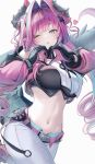  1girl ;o absurdres arknights arknights:_endfield black_gloves black_horns blue_eyes breasts commentary crop_top diamond_in_eye dragon_girl dragon_horns dragon_tail gloves grey_pants hair_intakes hair_on_horn heart heart_hands highres horns large_breasts long_hair multicolored_gloves multicolored_hair multicolored_horns navel ohagi_umeume one_eye_closed open_mouth pants pink_gloves pink_hair pink_horns pink_sleeves pink_tube_top pointy_ears simple_background solo strapless streaked_hair tail tube_top two-sided_gloves two-tone_gloves two-tone_horns white_background yvonne_(arknights) 