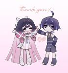  1boy 1girl :< absurdres ahoge arm_at_side arm_ribbon arm_up armor averting_eyes belt black_belt black_bow black_hair black_shorts black_socks blunt_ends blunt_tresses bodysuit bow bridal_gauntlets center-flap_bangs closed_eyes closed_mouth colored_inner_hair columbina_(genshin_impact) commentary dress english_commentary eyelashes eyeliner eyeshadow facing_another full_body genshin_impact gold grey_bodysuit grey_bridal_gauntlets grey_eyeshadow hair_intakes hair_ornament hair_ribbon hand_on_own_hip heart heart_in_mouth highres japanese_armor kote kurokote lacycoffinn leg_ribbon long_hair looking_to_the_side makeup mole mole_under_eye multicolored_hair open_mouth outline palms_together pink_background pink_hair purple_eyes purple_hair purple_rope purple_sash red_eyeliner ribbon rope sash scaramouche_(genshin_impact) short_dress short_eyebrows shorts socks standing tassel toeless_socks tress_ribbon turtleneck turtleneck_bodysuit very_long_hair wanderer_(genshin_impact) white_dress white_outline white_ribbon white_wings wing_hair_ornament wings 