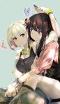  2girls black_hair blonde_hair blue_background blush cellphone closed_mouth commentary_request head_on_another's_shoulder heart highres holding holding_phone hug hug_from_behind inoue_takina jewelry long_hair lycoris_recoil multiple_girls necklace nishikigi_chisato orange_eyes phone pink_shirt purple_eyes sengoku_chidori shirt short_hair simple_background smartphone white_shirt yuri 