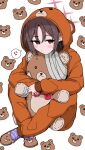  1girl anger_vein animal_background animal_costume animal_slippers averting_eyes bandaged_object bear_costume blue_archive brown_eyes brown_hair cosplay crossed_ankles empty_eyes full_body halo hood hood_up hooded_pajamas hugging_object kigurumi large_teddy_bear light_blush misaki_(blue_archive) pajamas purple_socks red_halo res1dents1eeper short_hair sitting slippers socks solo speech_bubble spoken_anger_vein striped_clothes striped_socks 