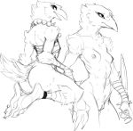  2018 anthro avian bandage bird breasts butt corvid crow eyeliner feathers female guoh jewelry kneeling makeup monochrome mostly_nude necklace nipples pussy simple_background sketch small_breasts talons white_background 