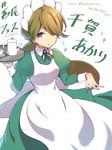  apron bad_id bad_pixiv_id bangs blue_eyes brown_hair character_name chiga_akari closed_mouth collared_dress commentary_request cowboy_shot cup dress esgkjj green_dress green_ribbon holding long_hair long_sleeves looking_at_viewer maid maid_apron maid_headdress neck_ribbon partially_translated ribbon saucer skirt_hold solo sparkle standing swept_bangs teacup teapot translation_request tray white_background zaregoto_series 