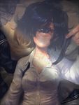  black_hair cyclops dress_shirt highres jcm2 looking_at_viewer lying monster_girl necktie no_mouth on_back one-eyed original shirt short_hair solo undone_necktie upper_body 