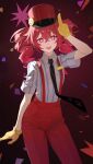  1girl absurdres backlighting badge black_necktie breasts collared_shirt confetti cowboy_shot dot_nose double-parted_bangs drill_hair gloves hair_between_eyes hand_to_head hand_up hat highres kasane_teto medium_breasts mesmerizer_(vocaloid) necktie open_mouth pants red_hair red_hat red_pants salute shirt short_sleeves simple_background smiley_hat_ornament sparkling_eyes striped_clothes striped_shirt suspenders teeth twin_drills two-finger_salute upper_teeth_only vertical-striped_clothes vertical-striped_shirt wudongyouyi yellow_gloves 