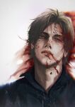  1boy aegyo_sal beard_stubble blank_stare blonde_hair blood blood_from_mouth blood_in_hair blood_on_face blue_shirt blurry blurry_edges death facial_hair half-closed_eyes headshot highres leon_s._kennedy male_focus parted_lips portrait resident_evil resident_evil_requiem ryuzhang1212 shirt short_hair solo stubble 