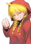  1girl ahoge amateru blonde_hair braid breasts commentary_request gabu_(yomi_no_tsugai) grin highres hood hoodie long_sleeves looking_at_viewer pink_eyes red_hoodie simple_background small_breasts smile solo twin_braids white_background yomi_no_tsugai 