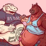  anthro bear clothed clothing crocodile crocodilian dramamine drooling equine group group_sex horse male male/male mammal mature_male nipples obese overweight reptile saliva scalie sex smile standing threesome 