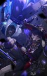  2boys anemo_symbol_(genshin_impact) armor arms_at_sides belt black_belt black_bodysuit black_bow black_bridal_gauntlets black_hair black_hat black_kimono black_mask black_shorts black_sleeves blue_cape blue_hat blue_jingasa blue_kimono blue_sleeves blunt_ends bodysuit bow bridal_gauntlets cable cape commentary_request covered_collarbone doll dual_persona falling feathers fingernails genshin_impact glowing_gem glowing_object gnosis_(genshin_impact) gold hakama hakama_shorts hand_on_another's_face hand_up hat highres japanese_armor japanese_clothes jewelry jingasa juban kimono kote kurokote layered_sleeves looking_at_another mandarin_collar mask_on_hat mitsudomoe_(shape) multiple_boys neck_ring o-ring open_clothes open_kimono open_mouth parted_lips pleated_shorts pom_pom_(clothes) purple_eyes purple_rope purple_sash purple_sleeves red_hat red_kimono red_sash rinbo_7140 rope rubble sash scaramouche_(genshin_impact) shimenawa short_sleeves shorts shoulder_peek side_cape tassel teeth tomoe_(symbol) two-tone_hat unworn_hat unworn_headwear upper_teeth_only upside-down vision_(genshin_impact) wanderer_(genshin_impact) white_kimono white_mouth white_rope white_sleeves white_trim yellow_feathers 