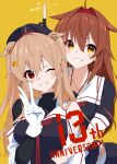  absurdres ahoge anniversary black_gloves black_hat black_serafuku black_shirt breasts brown_eyes brown_hair fingerless_gloves gloves hair_flaps hairband hat highres hug hug_from_behind kantai_collection large_breasts murasame_(kancolle) murasame_kai_ni_(kancolle) parted_lips red_hair red_hairband sailor_collar school_uniform serafuku shiba_(zudha) shiratsuyu_(kancolle) shiratsuyu_kai_ni_(kancolle) shirt two_side_up upper_body white_gloves white_sailor_collar yellow_background 