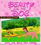 accessory belle_(beauty_and_the_beast) bestiality bow_ribbon collar collar_only disney duo english_text everfire female female_human feral field footprint hair_accessory hair_bow hair_ribbon hi_res human human_on_feral interspecies leash leash_pull male male/female mammal nude pawprint pawprint_pattern pink_background pluto_(disney) ribbons simple_background text url