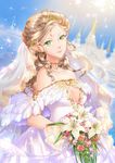  bare_shoulders blonde_hair bouquet breasts choker cleavage cleavage_cutout dress earrings flower green_eyes highres jewelry kaminary long_hair looking_at_viewer medium_breasts original pointy_ears solo strapless strapless_dress tiara wedding_dress 