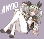  anchovy anzio_school_uniform ass bangs black_neckwear breasts cape capelet character_name commentary_request drill_hair girls_und_panzer green_hair holding long_hair long_sleeves medium_breasts necktie pantyhose pleated_skirt pointer purple_background riding_crop school_uniform shirt shoe_dangle shoes simple_background skirt smile solo twintails white_legwear white_shirt yamashita_shun'ya 