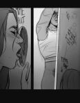  2girls absurdres arcane_caitlyn arcane_vi blush bottomless caitlyn_(league_of_legends) cunnilingus glory_hole greyscale hairy highres hole_in_wall league_of_legends licking licking_pussy long_hair looking_pleasured monochrome multiple_girls muscular muscular_female oral parted_lips pleasure_face pubic_hair pussy_juice riot_games short_hair steemyart tongue tongue_out vi_(league_of_legends) wet writing yuri 