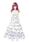  bangs bare_shoulders breasts bridal_gauntlets brown_hair cleavage dress elbow_gloves eyebrows_visible_through_hair full_body gloves golden_marriage hayakawa_harui highres ichijouji_toko long_hair looking_at_viewer medium_breasts official_art open_mouth purple_eyes sleeveless standing transparent_background wedding_dress white_dress white_footwear white_gloves white_legwear 