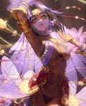  1girl arm_up armlet armpits black_hair blurry bracelet breasts cleavage commentary_request dancer dark-skinned_female dark_skin depth_of_field eyeliner full-body_tattoo gold harem_outfit jewelry korean_commentary looking_at_viewer makeup mouth_veil navel original parted_lips purple_eyeliner purple_veil ring rinotuna short_hair solo tassel tattoo veil 