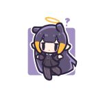  1girl ? black_dress black_pantyhose blunt_bangs blunt_ends blush_stickers border chibi chibi_only closed_mouth commentary decrilus double-parted_bangs dress english_commentary full_body halo hands_up highres hololive hololive_english jitome long_hair looking_at_viewer ninomae_ina'nis orange_halo outline outside_border pantyhose purple_background purple_hair shrugging simple_background solo standing standing_on_one_leg takodachi_(ninomae_ina'nis) virtual_youtuber white_border white_outline 