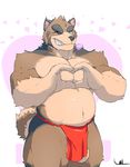  anthro balls candy clothing food grandall_(artist) loincloth lollipop looking_at_viewer male mammal musclegut overweight smile solo standing tanuki 
