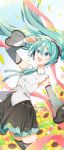  1girl agonasubi aqua_eyes aqua_hair aqua_nails aqua_necktie aqua_trim arm_tattoo black_skirt black_thighhighs blush breasts closed_mouth collared_shirt commentary_request detached_sleeves feet_out_of_frame fingernails flower hair_between_eyes hair_ornament hatsune_miku hatsune_miku_(nt) highres layered_sleeves long_hair long_sleeves looking_up miku_day nail_polish necktie number_tattoo official_alternate_costume piapro_studio pleated_skirt ribbon see-through_clothes see-through_sleeves shirt skirt sleeveless sleeveless_shirt small_breasts smile solo sunflower tattoo thighhighs twintails very_long_hair vocaloid white_shirt zettai_ryouiki 