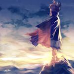  brown_hair cape cloud cloudy_sky earmuffs kayako_(tdxxxk) looking_away mountain purple_eyes sandals short_hair sky solo touhou toyosatomimi_no_miko twilight 