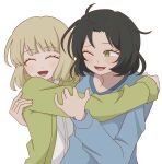  2girls black_hair blonde_hair blue_shirt blush bob_cut breasts closed_eyes commentary gloves green_eyes green_jacket hands_on_another's_arm highres hug hug_from_side jacket kumagai_yuuko looking_at_another medium_breasts multiple_girls nasu_rei open_mouth purple_gloves shirt short_hair simple_background smile upper_body wa_fh0303 white_background white_shirt world_trigger yuri 
