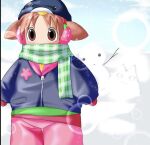  1girl azumanga_daioh blue_coat blue_sky brown_eyes brown_hair cat child coat earmuffs food fruit green_scarf hat lottie_(gravyalloverhim) mihama_chiyo mihama_chiyo's_father mittens outdoors pants penguin_hat pink_pants red_mittens scarf short_twintails sky snow snowman solo strawberry twintails 