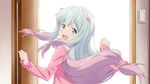  :d blue_eyes blush bow eromanga_sensei eyebrows_visible_through_hair floating_hair fury_(leo) hair_bow highres indoors izumi_sagiri long_hair looking_at_viewer looking_back low-tied_long_hair multicolored_hair official_style open_door open_mouth pink_bow pink_hair pink_shirt shirt silver_hair smile solo two-tone_hair upper_body 