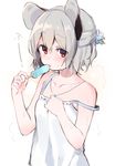  :p akagashi_hagane alternate_costume alternate_hairstyle animal_ears blush camisole clenched_hand collarbone food from_side grey_hair hair_between_eyes hair_ornament half_updo hand_on_own_chest holding holding_food hot ice_cream jewelry licking looking_at_viewer mouse_ears multicolored multicolored_background nazrin necklace pendant pink_background popsicle red_eyes ribbon-trimmed_clothes ribbon-trimmed_shirt ribbon_trim sanpaku shirt short_hair solo steam strap_slip summer sweat tongue tongue_out touhou two-tone_background upper_body white_background white_shirt 