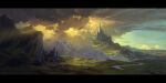  blue_sky building castle cliff cloud cloudy_sky day dragon fantasy flying from_side grass highres landscape light_rays mountain no_humans original outdoors painterly painting_(medium) philipp_urlich river scenery sky sunlight tower traditional_media yellow_sky 