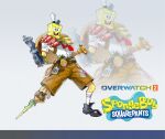  1boy absurdres artist_name bag belt black_shoes brown_shorts burger butterfly_net chinese_commentary commentary_request copyright_logo copyright_name cosplay dong_ci_da_ci_da_da_da employee_uniform fast_food_uniform food fruit full_body hand_net hat highres junkrat_(overwatch) ketchup_bottle logo male_focus mechanical_arms mustard_bottle necktie overwatch paper_bag pineapple prosthesis prosthetic_arm red_necktie shirt shoes short_sleeves shorts socks solo spatula spongebob_squarepants spongebob_squarepants_(cosplay) spongebob_squarepants_(series) watermark white_hat white_shirt white_socks zoom_layer 