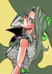  1girl animal_print araki_hirohiko_(style) commentary crosshatching green_eyes green_lips hatching_(texture) highres jojo_no_kimyou_na_bouken leopard_print long_hair original saradaver short_sleeves stand_(jojo) 