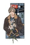  1boy bag black_gloves blonde_hair blue_eyes blue_shirt border brown_jacket chest_holster cowboy_shot expressionless fingerless_gloves flat_color fur_trim gloves highres holding holding_plant jacket leon_s._kennedy looking_at_viewer male_focus mintmuha outside_border plant resident_evil resident_evil_4 shirt short_hair shoulder_bag solo train_station white_border white_lily 