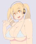  1girl bikini blonde_hair breasts brown_eyes cleavage erect_nipples large_breasts nitroplus open_mouth plump smile solo super_pochaco thick_thighs thighs twintails upper_body wide_hips 