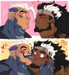  ! !! !? 2boys ? absurdres beard blush cleft_chin closed_mouth earrings english_commentary facial_hair facing_another fangs from_side hand_on_another's_face hazard_(overwatch) heart highres imminent_kiss jewelry leioii licking licking_another's_cheek licking_another's_face looking_at_another male_focus mauga_(overwatch) multicolored_hair multiple_boys open_mouth overwatch profile puckered_lips smile streaked_hair surprised upper_body yaoi 