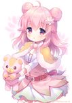  :o ahoge belt bow capelet cowboy_shot curcuma_(flower_knight_girl) double_bun flower flower_knight_girl fur-trimmed_capelet fur_trim hair_flower hair_ornament long_hair parted_lips pink_bow pink_eyes pink_hair shirt skirt solo stuffed_animal stuffed_toy teddy_bear usashiro_mani white_background white_shirt white_skirt yellow_capelet 