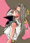  1girl animal_print araki_hirohiko_(style) commentary crosshatching hatching_(texture) highres jojo_no_kimyou_na_bouken leopard_print long_hair original saradaver short_sleeves stand_(jojo) yellow_eyes yellow_lips 