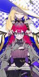  2girls absurdres aesc_(fate) aesc_(rain_witch)_(fate) baobhan_sith_(fate) baobhan_sith_(swimsuit_pretender)_(second_ascension)_(fate) black_dress black_skirt blonde_hair book bow bowtie braid breasts brooch cloak closed_eyes detached_sleeves dress fate/grand_order fate_(series) glasses gold_trim grey_eyes grey_jacket hair_ornament hairclip hat highres jacket jacket_on_shoulders jewelry large_breasts long_hair long_sleeves looking_at_viewer medium_breasts multiple_girls pink_hair pointy_ears purple_shirt ragnal round_eyewear shirt side_ponytail sidelocks sitting skirt smile two-tone_dress white_cloak white_dress white_hat wide_sleeves witch_hat 