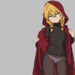  1girl absurdres black_pantyhose blonde_hair braid gabu_(yomi_no_tsugai) highres hood hood_up jacket looking_at_viewer panties pantyhose petite red_jacket solo turtleneck twin_braids underwear undressing vleshdecay yomi_no_tsugai 