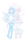  2girls akemi_homura akemi_homura_(magical_girl) alternate_color argyle_clothes argyle_pantyhose back_bow bare_shoulders blue_bow blue_bowtie blue_gem blue_hair blue_headband blue_pantyhose blue_shoes blue_skirt blush boots bow bow_choker bowtie brooch center_frills chain choker closed_mouth colored_skin commentary_request copyright_name cross detached_collar detached_sleeves dot_mouth dot_nose dress expressionless frilled_dress frilled_sleeves frilled_socks frills full_body gem gloves hair_bow headband high_heels highres jewelry kaname_madoka kaname_madoka_(magical_girl) kyubey light_blush lock looking_at_viewer magical_girl mahou_shoujo_madoka_magica mahou_shoujo_madoka_magica:_walpurgis_no_kaiten miniskirt multiple_girls pantyhose pink_bow pink_bowtie pink_choker pink_eyes pink_gem pink_hair pink_shoes pink_skirt pleated_skirt puffy_detached_sleeves puffy_short_sleeves puffy_sleeves purple_eyes shirt shoes short_hair short_sleeves short_twintails sidelocks skirt sleeveless sleeveless_dress socks soul_gem sparkle sparkle_background tareme tsurime twintails white_background white_gloves white_skin white_sleeves white_socks wings x_x_dame 