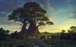  absurdres blue_sky bush cloud cloudy_sky commentary english_commentary field giant_tree gradient_sky grass highres landscape no_humans original outdoors painterly painting_(medium) philipp_urlich river scenery signature sky sunlight traditional_media tree yellow_sky 