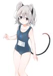  akagashi_hagane alternate_costume animal_ears arm_at_side bare_arms blue_swimsuit blush closed_mouth collarbone dot_nose eyebrows_visible_through_hair eyelashes grey_hair hair_between_eyes hand_up jewelry looking_at_viewer mouse_ears mouse_tail name_tag nazrin necklace new_school_swimsuit one-piece_swimsuit pendant raised_eyebrow red_eyes school_swimsuit short_hair simple_background solo striped_tail swimsuit tail touhou white_background 