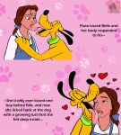 accessory belle_(beauty_and_the_beast) bestiality bestiality_kiss blue_clothing bodily_fluids bow_ribbon canid canine canis clothed clothing comic disney domestic_dog drool_on_face drooling duo english_text everfire female female_human feral footprint french_kissing hair_accessory hair_bow hair_ribbon heart_symbol hearts_around_head hi_res human human_on_feral interspecies kissing male male/female mammal narration pawprint pawprint_pattern pink_background pluto_(disney) ribbons saliva saliva_on_tongue simple_background text tongue tongue_out watermark