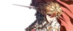  1boy armor blonde_hair blurry blurry_background braid cape depth_of_field excalibur_(fate/strange_fake) fate/strange_fake fate_(series) gauntlets hair_between_eyes highres holding holding_sword holding_weapon ink_(inkypyon) long_hair looking_at_viewer male_focus multicolored_hair open_mouth outstretched_arm pauldrons red_cape red_eyes red_hair red_streaks richard_i_(fate) serious short_hair shoulder_armor single_braid solo streaked_hair sword upper_body weapon white_background 