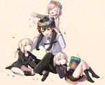  3girls ahoge artoria_pendragon_(all) black_hair black_jacket black_legwear black_pants black_ribbon black_shirt black_shorts blonde_hair blue_eyes blush book carrying child closed_eyes collarbone eyebrows_visible_through_hair fate/grand_order fate_(series) fujimaru_ritsuka_(male) full_body grey_shirt hair_ribbon head_wings holding holding_book jacket jeanne_d'arc_(alter)_(fate) jeanne_d'arc_(fate)_(all) looking_up lying mash_kyrielight multiple_girls ne-on necktie on_back open_book open_mouth pants pantyhose parted_lips petals pink_hair ponytail red_neckwear ribbon saber_alter shirt short_hair short_shorts shorts shoulder_carry silver_hair socks wicked_dragon_witch_ver._shinjuku_1999 yellow_eyes younger 