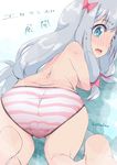  ass barefoot blue_eyes blush covering covering_breasts embarrassed eromanga_sensei feet from_behind full-face_blush highres izumi_sagiri legs_up long_hair looking_back lying morisaki_hichimi on_stomach open_mouth panties silver_hair solo striped striped_panties topless underwear underwear_only 