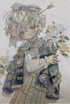  1girl acrylic_paint_(medium) badge blouse blue_eyes blush bouquet bow brooch buttons commentary_request daisy_(flower) earrings flower frilled_shirt_collar frills hair_between_eyes hair_bow hair_flower hair_ornament hair_ribbon hairclip highres holding jacket jewelry karintoun lace long_eyelashes long_sleeves looking_at_viewer medal messy_hair nail_polish original painting_(medium) pale_skin parted_bangs pastel_colors patchwork_clothes petals plaid_clothes plaid_skirt pleated_skirt ribbon sample_watermark shirt short_hair signature skirt solo striped_ribbon traditional_media upper_body watercolor_(medium) watermark wavy_hair white_background white_hair 