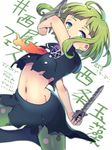  ahoge bad_id bad_pixiv_id bangs black_shirt black_skirt character_name commentary_request cowboy_shot crop_top dual_wielding esgkjj green_eyes green_hair green_legwear holding holding_knife knife leg_up looking_at_viewer midriff miniskirt multicolored multicolored_clothes multicolored_legwear navel pantyhose partially_translated polka_dot polka_dot_legwear red_neckwear saijou_tamamo shirt short_hair short_sleeves skirt solo standing standing_on_one_leg translation_request zaregoto_series 