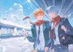  2boys absurdres animal aoyagi_touya belt bird cellphone closed_mouth cloud cloudy_sky commentary_request earbuds earphones green_eyes highres holding holding_phone jacket kamiyama_high_school_uniform_(project_sekai) long_sleeves male_focus mole mole_under_eye multiple_boys necktie open_clothes open_jacket open_mouth orange_hair outdoors phone project_sekai scarf school_uniform shinonome_akito sky smartphone snow sun train_station wuyangoozz 